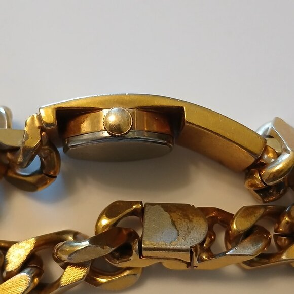 Vtg Baron 17 Jewels Gold Tone Rectangular Dial Stainless Chained Bracelet Watch - Picture 8 of 12